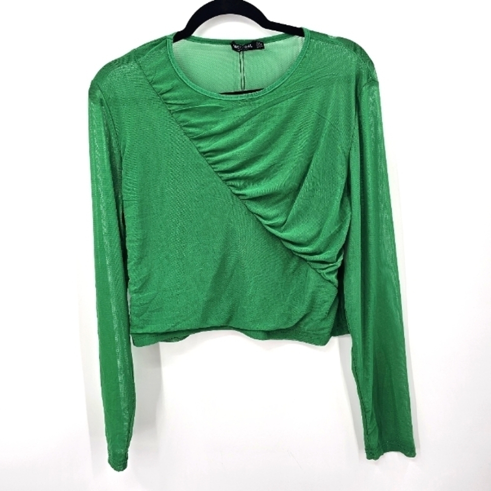 Nasty Gal Sheer Mesh Long Sleeve Crop Top Green Size 14 NWT